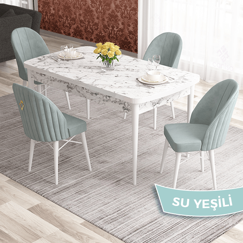 masa beyaz mermer desen sandalye su yeşil