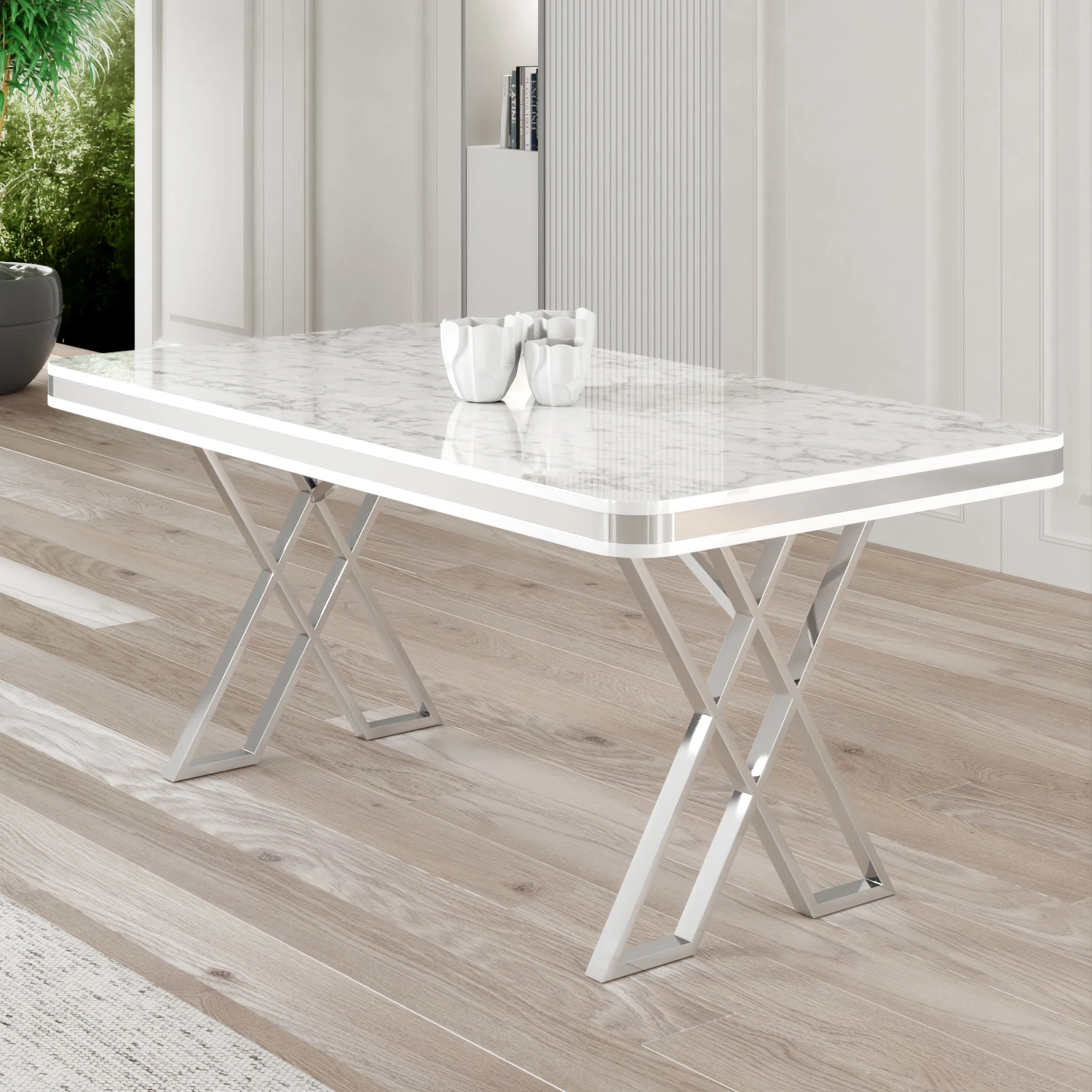 Rigel Serisi 80x130 Lak Panel Beyaz Mermer Desen Masa ve 4 Sandalye Krom Kaplama Ayak