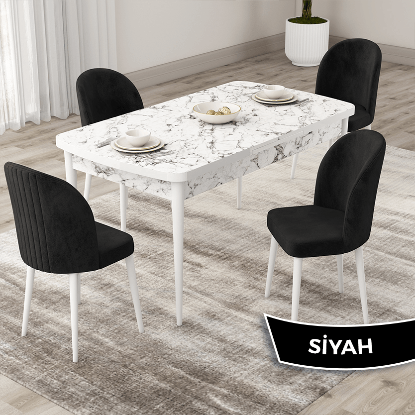 masa beyaz mermer desen sandalye siyah