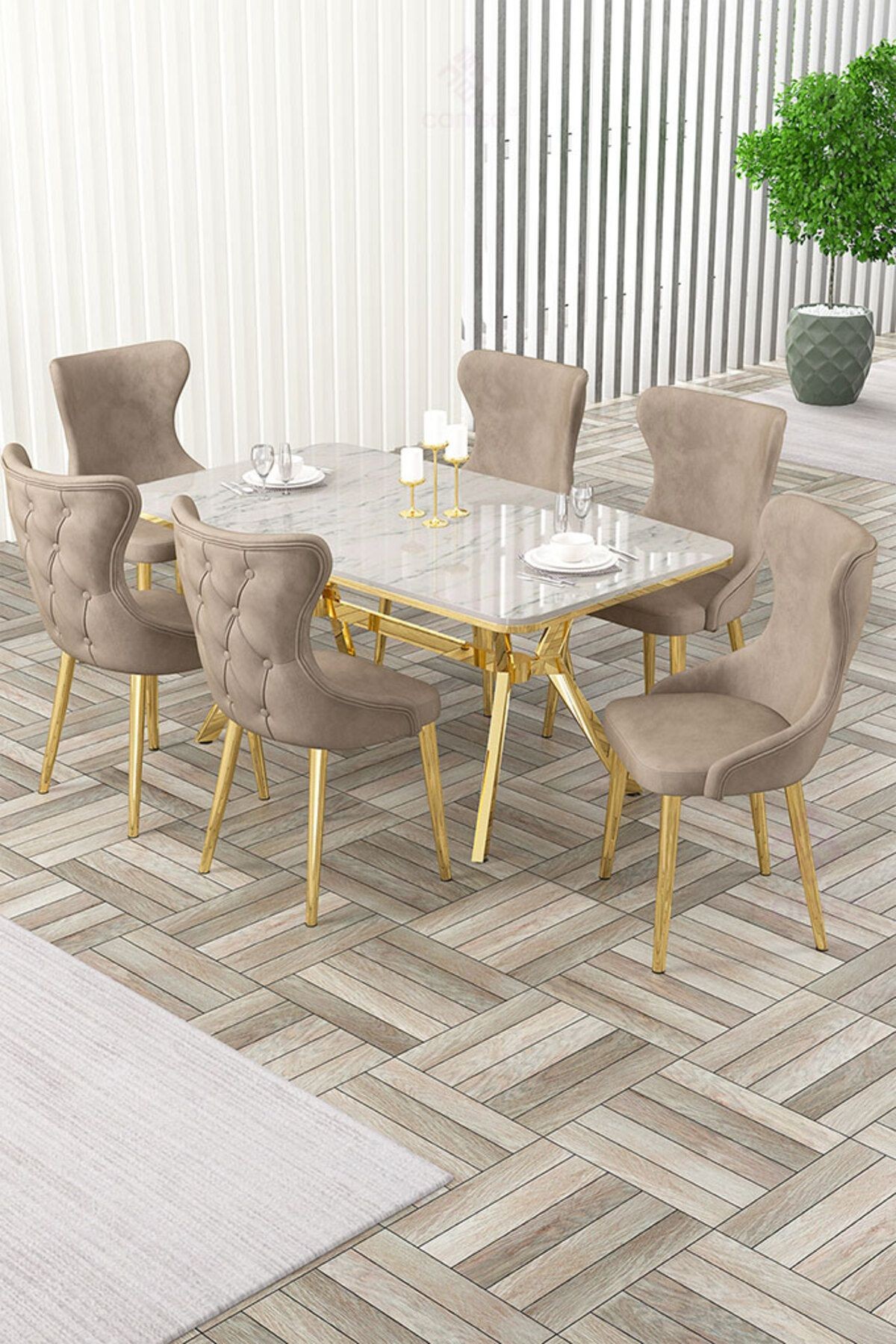 Esla Serisi 90x160 Lak Panel Beyaz Mermer Desen Masa ve 6 Sandalye Gold Kaplama Ayak