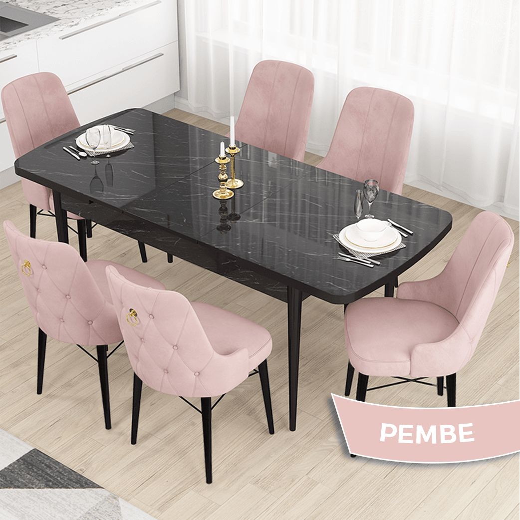 Pembe Sandalye Siyah Mermer Desen Masa