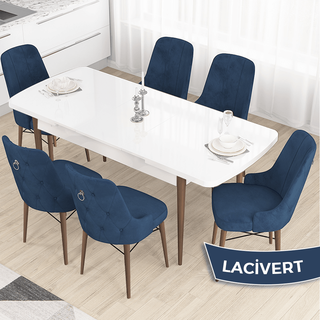 beyaz masa cevi̇z ayak laci̇vert sandalye