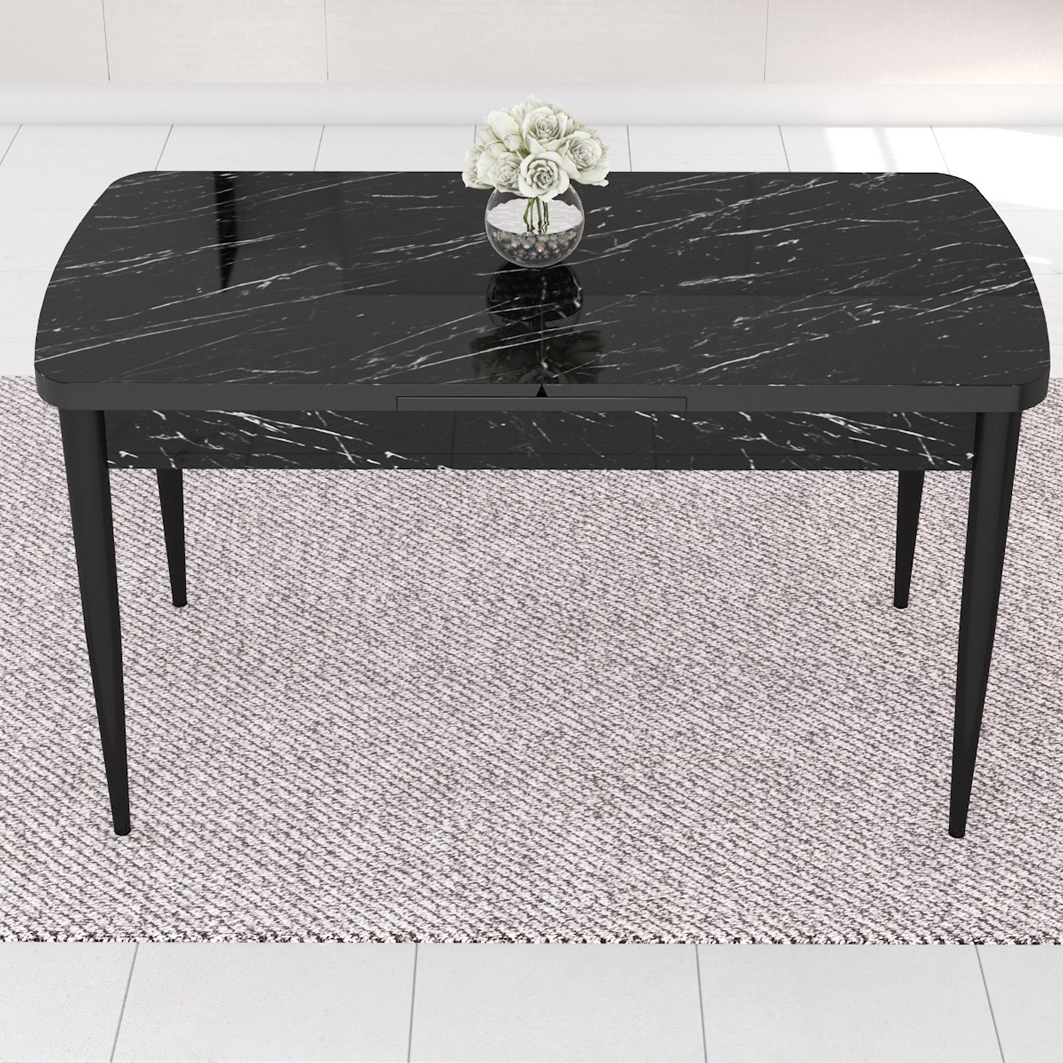 Eva Serisi 80x132 Açılabilir Mdf Siyah Mermer Desen Masa Takımı 4 Sandalye Ve 1 Bench