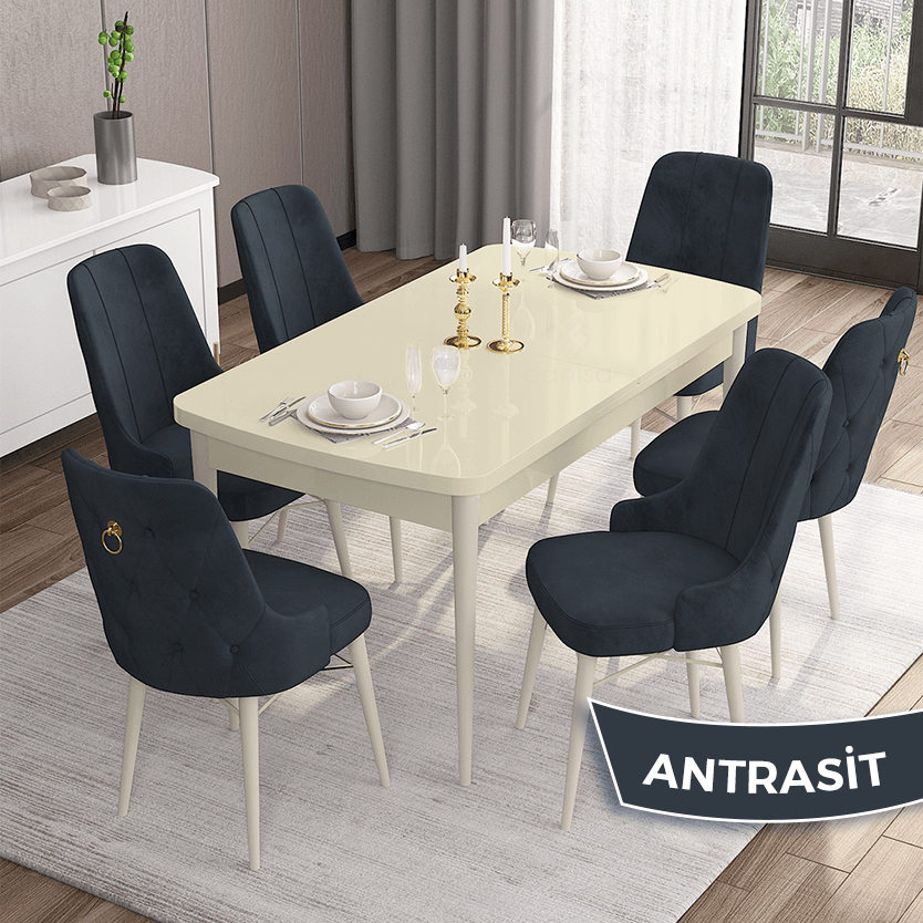 Are Serisi 80x132 Mdf Açılabilir Gold Halka Krem Masa Takımı Ve 6 Sandalye