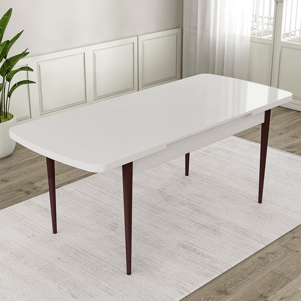 Are Serisi 80x132 Mdf Açılabilir Gümüş Halka Beyaz Masa Ceviz Ayak Masa Takımı 4 Sandalye Ve 1 Bench