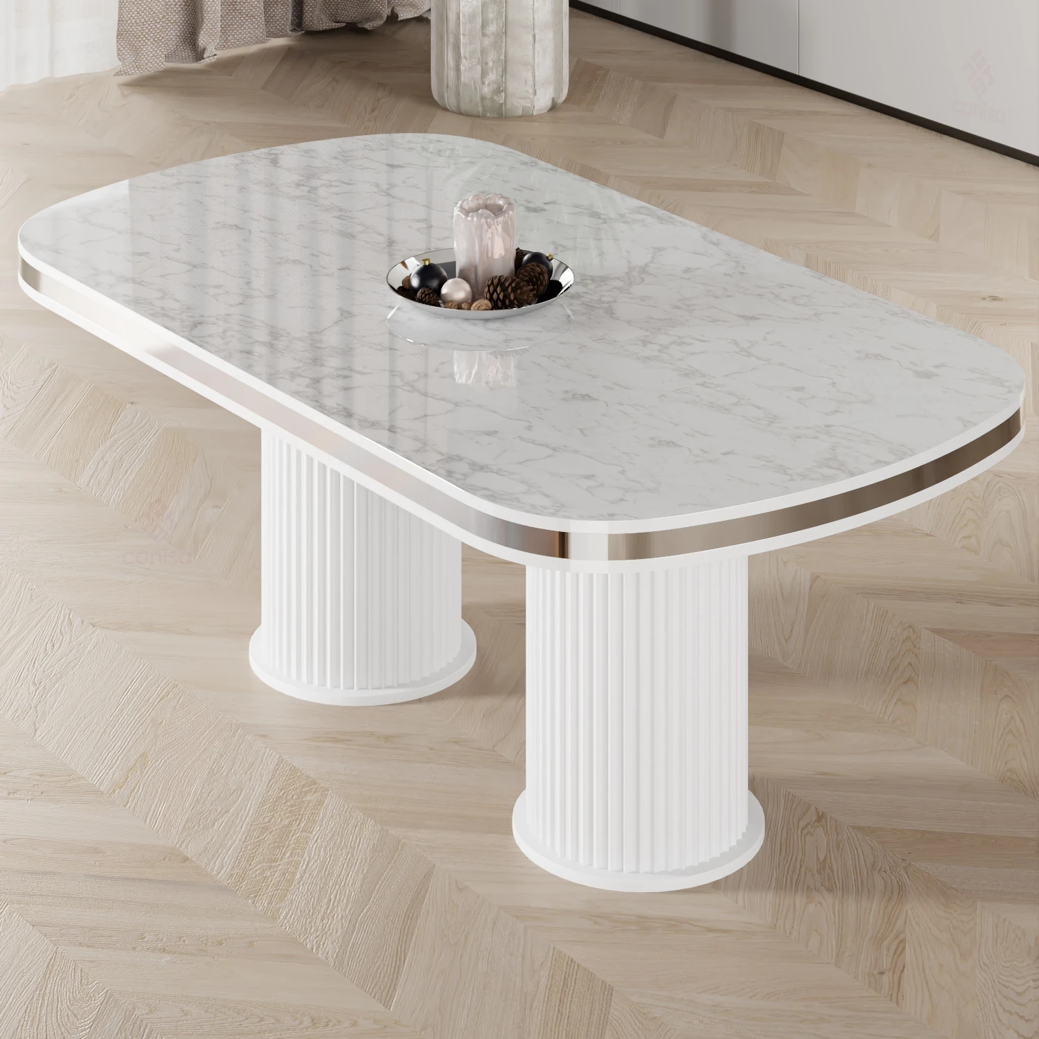 Galya Serisi Lak Panel 90x168 Sabit Beyaz Mermer Desen Mutfak Masa Takımı 6 Sandalye