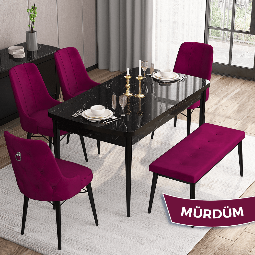 Mürdüm Sandalye Siyah Mermer Desen Masa