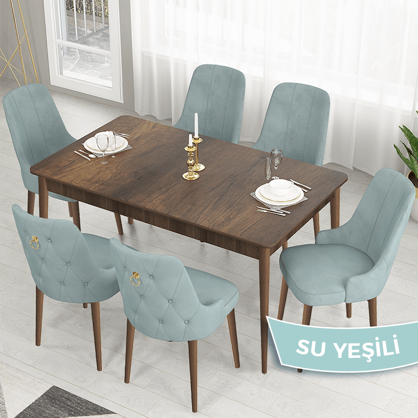 Lav Serisi 80x130 Sabit Barok Ahşap Desen Masa Takımı Ve 6 Sandalye