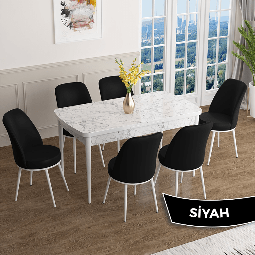 masa beyaz mermer desen sandalye siyah