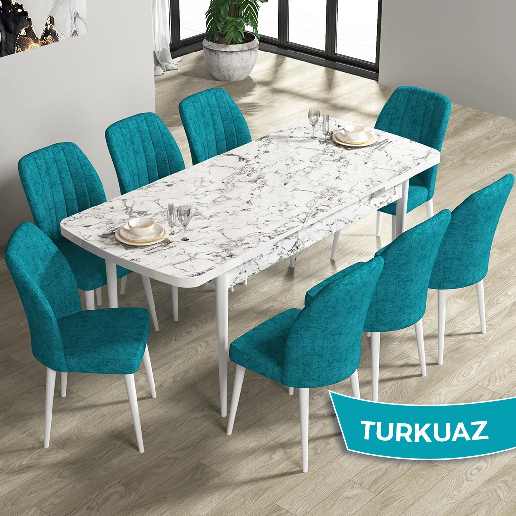 Beyaz Mermer Desen Masa Turkuaz Renk Sandalye