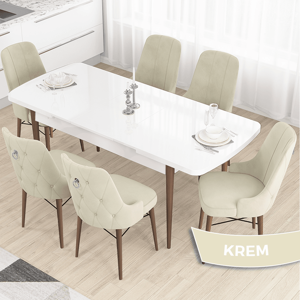 Taç Serisi 80x132 Açılabilir Gümüş Halka Beyaz Masa Ceviz Ayak Masa Takımı ve 6 Sandalye