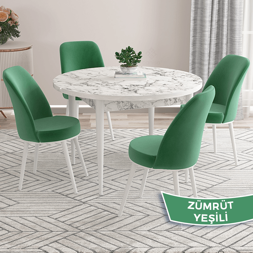 masa beyaz mermer desen sandalyeler zümrüt yeşili