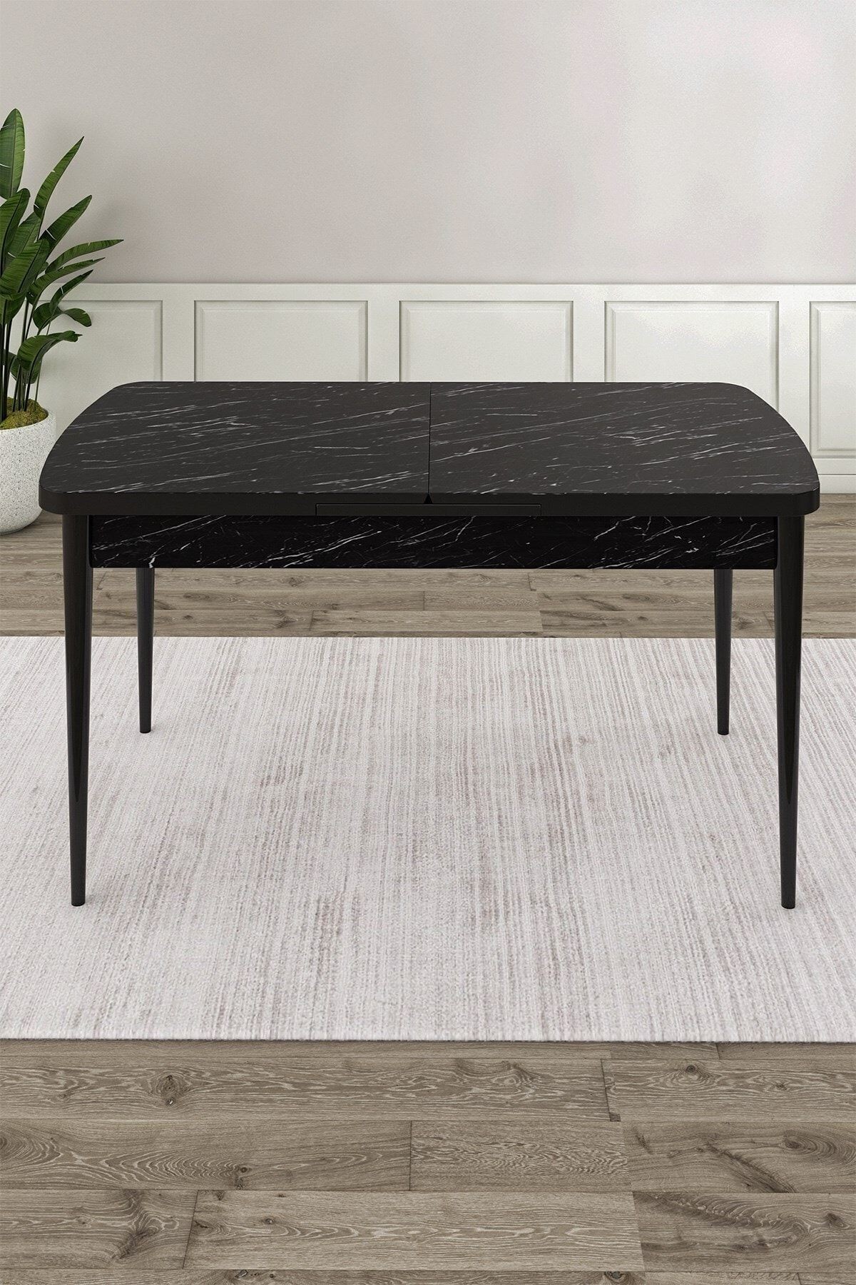 Kar Serisi 80X132 Mdf Açılabilir Siyah Mermer Desen Masa Takımı Ve 4 Sandalye