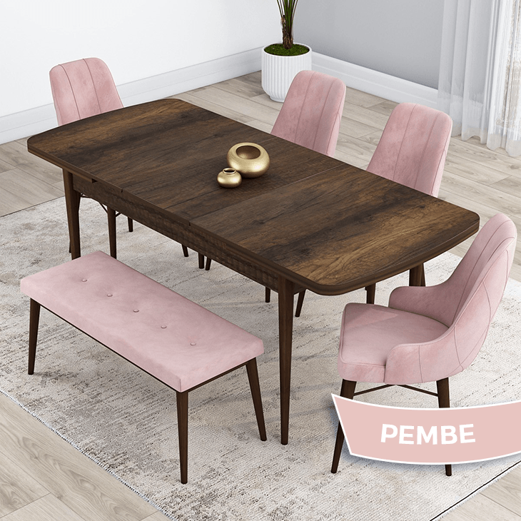 Kar Serisi 80X132 Mdf Açılabilir Barok Ahşap Desen Masa Takımı 4 Sandalye Ve 1 Bench
