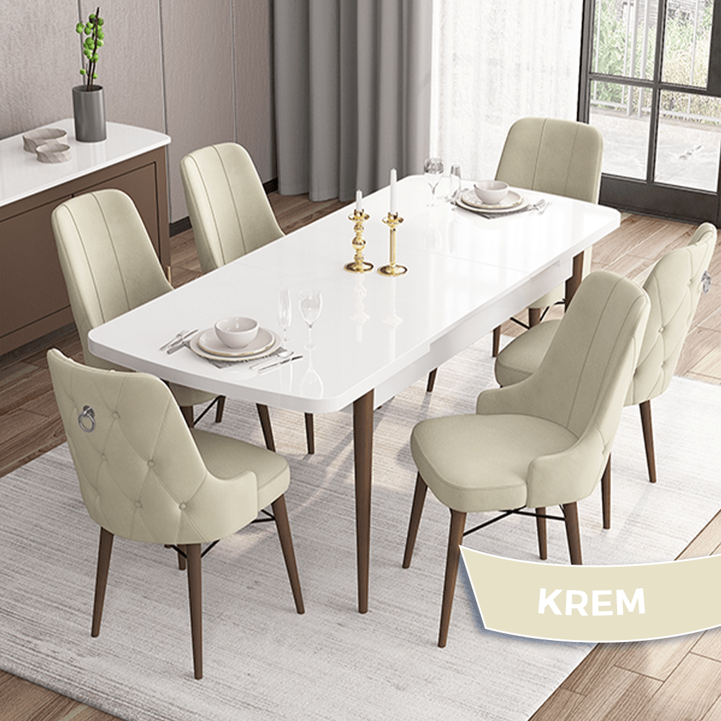 Are Serisi 80x132 Mdf Açılabilir Gümüş Halka Beyaz Masa Ceviz Ayak Masa Takımı Ve 6 Sandalye