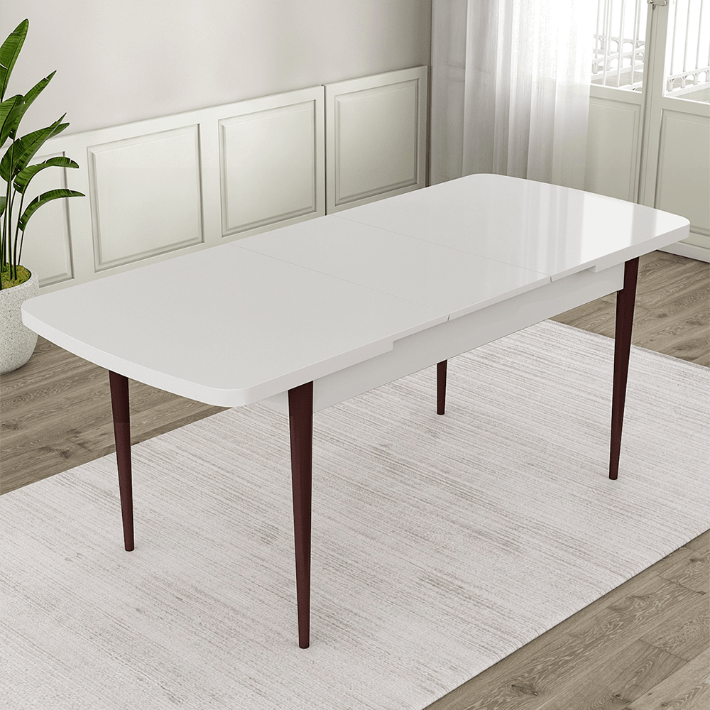 Are Serisi 80x132 Mdf Açılabilir Gümüş Halka Beyaz Masa Ceviz Ayak Masa Takımı 4 Sandalye Ve 1 Bench