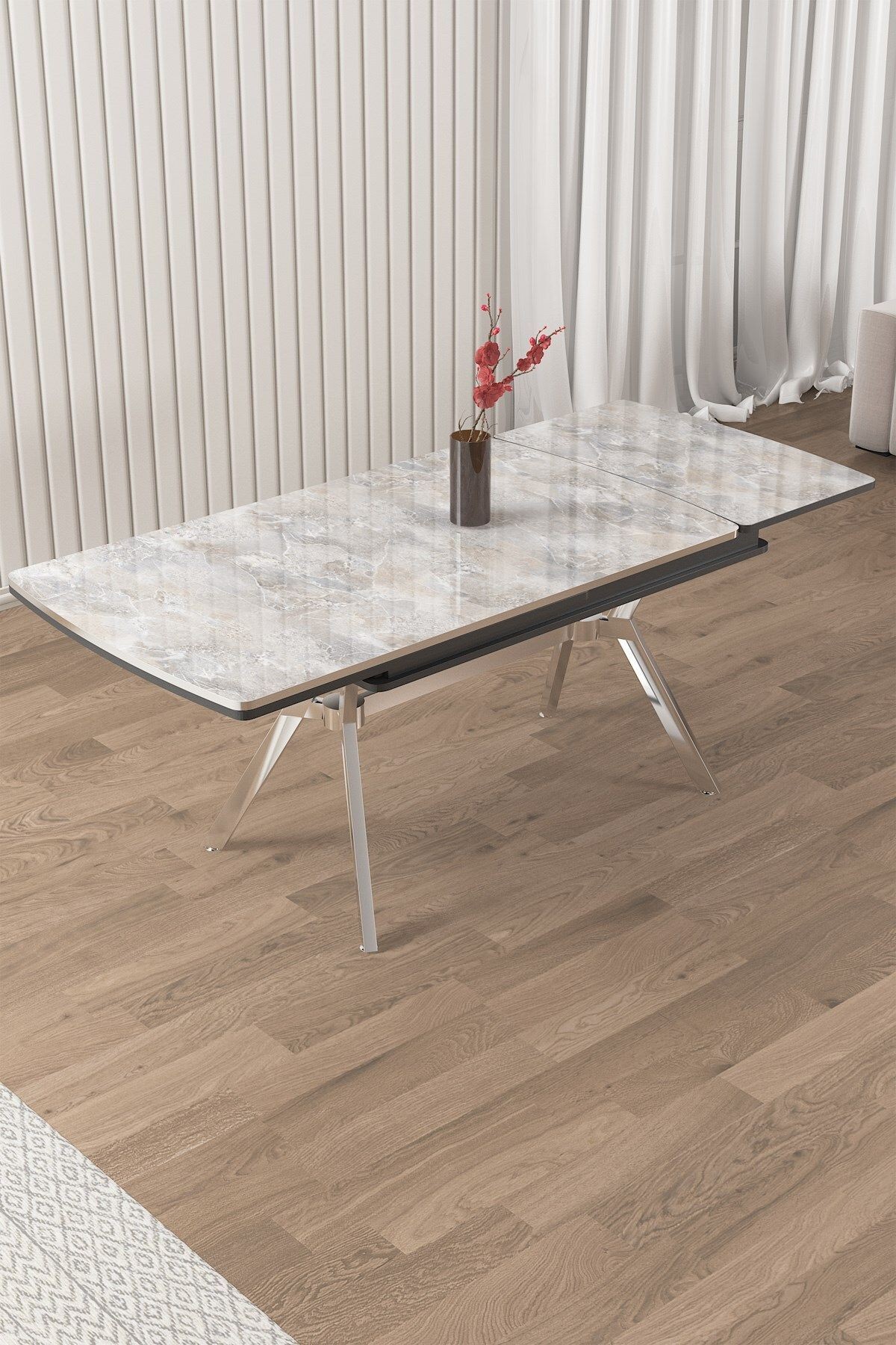Nis Serisi 89x150 Açılabilir Lak Panel Rampla Gri Masa ve 6 Sandalye Krom Kaplama Ayak