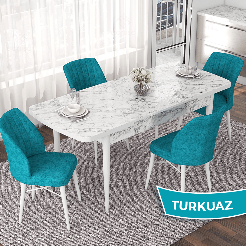 Nef Serisi 70x114 Açılabilir Mdf Beyaz Mermer Desen Masa Takımı ve 4 Sandalye
