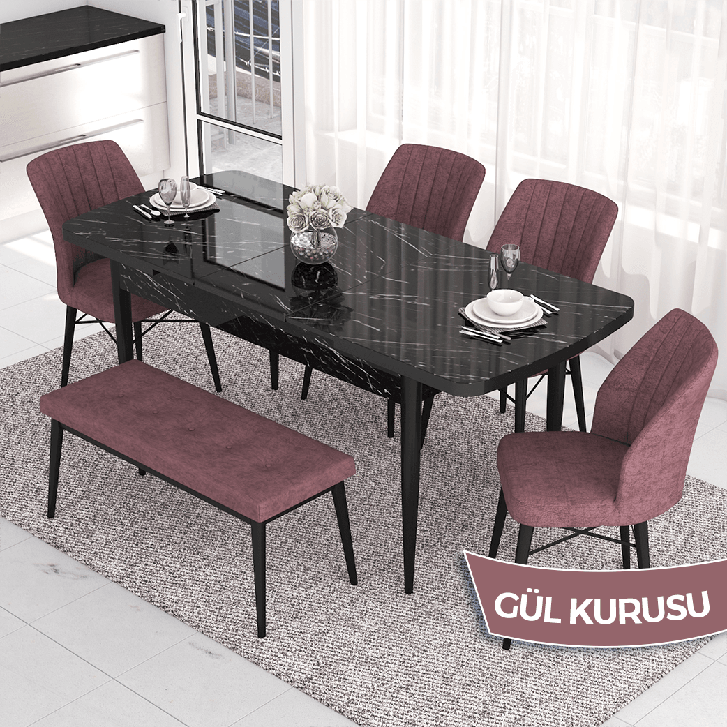 masa siyah mermer desen sandalyeler ve bench gülkurusu
