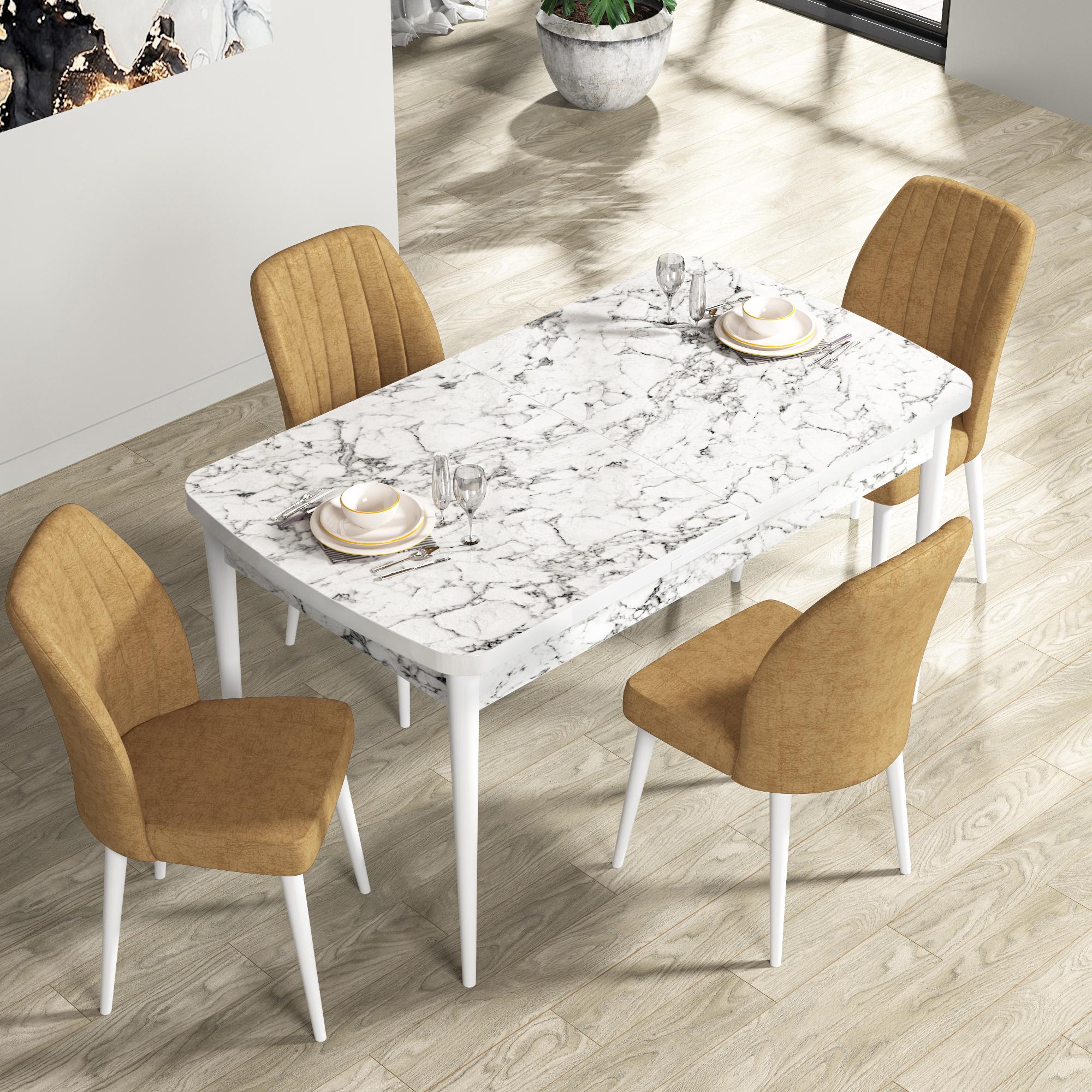 Rio Serisi 80x132 Mdf Açılabilir Beyaz Mermer Desen Masa Takımı Ve 4 Sandalye