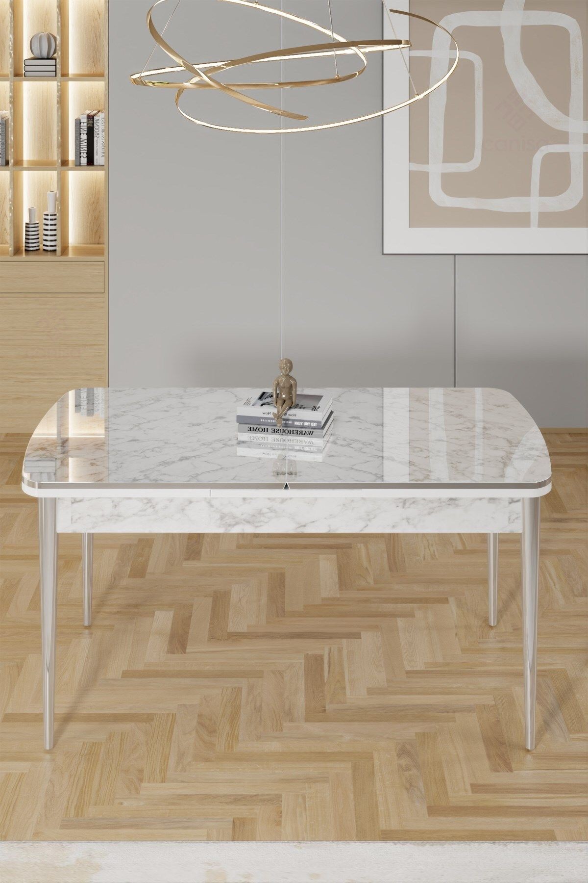 Rada Serisi 80x132 Açılabilir Lak Panel Beyaz Mermer Desen Masa ve 6 Sandalye Krom Kaplama Ayak