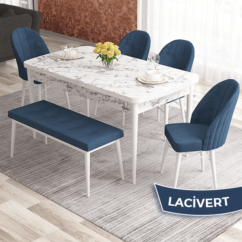 Lacivert Sandalye Beyaz Mermer Desen Masa