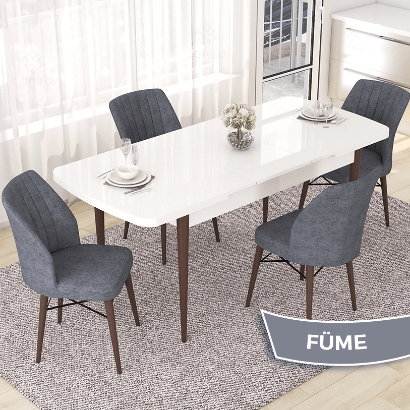 masa beyaz ayak ceviz sandalyeler füme
