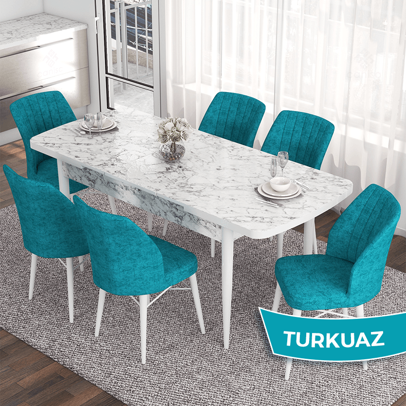 masa beyaz mermer desen sandalyeler turkuaz