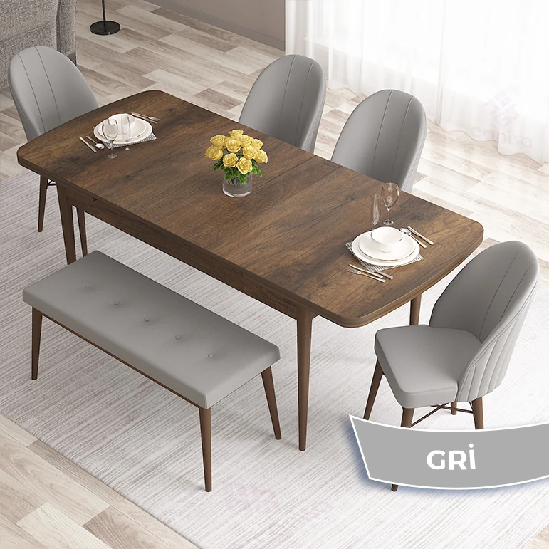 barok ahşap desen masa gri sandalye