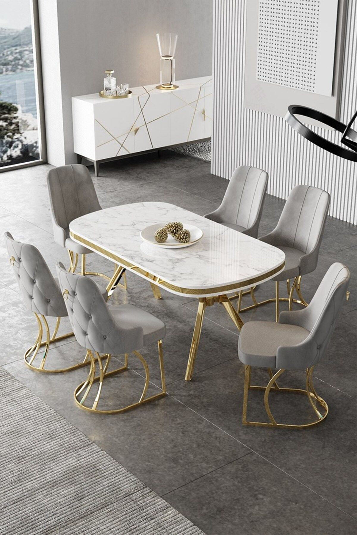 Epal Serisi 90x168 Lak Panel Beyaz Mermer Desen Masa ve 6 Sandalye Gold Kaplama Ayak