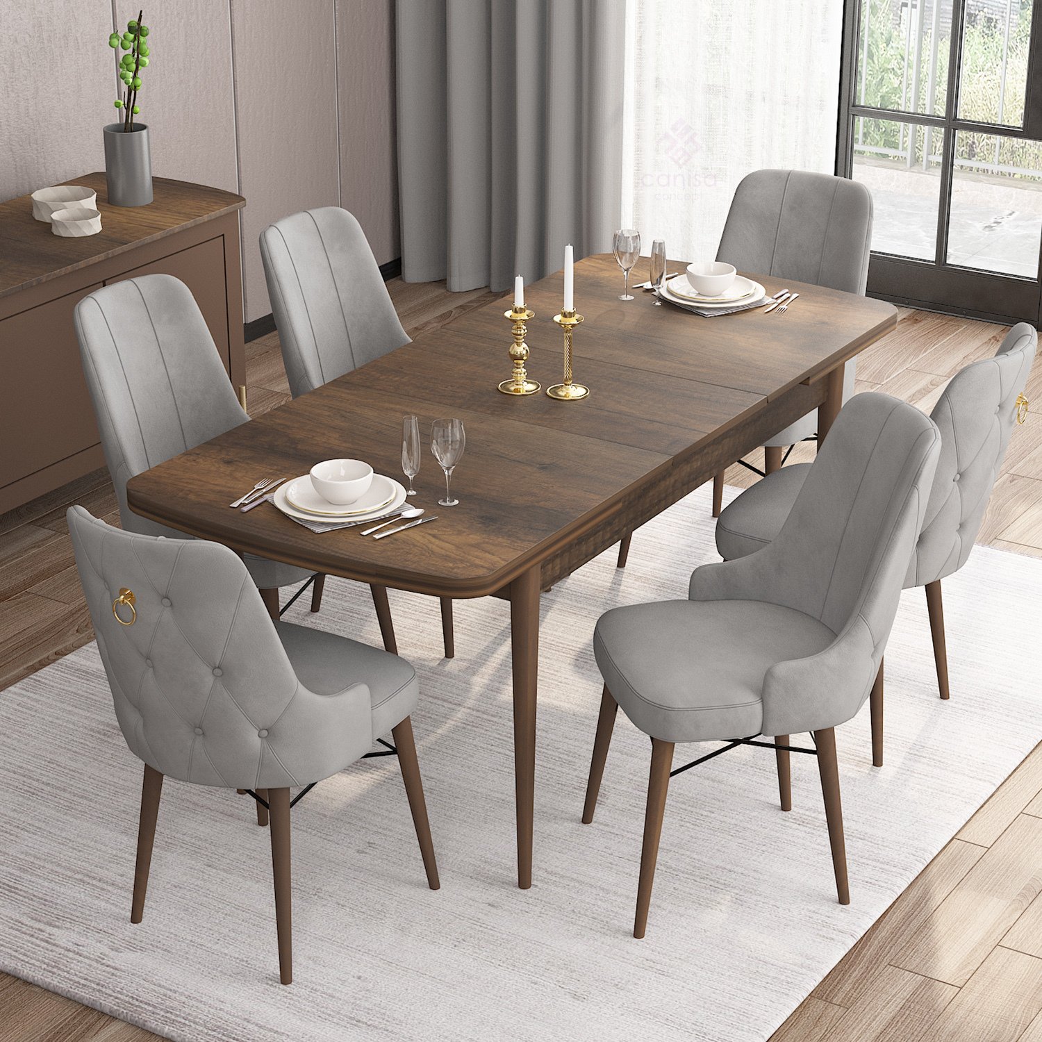 Are Serisi 80x132 Mdf Açılabilir Gold Halka Barok Ahşap Desen Masa Takımı Ve 6 Sandalye