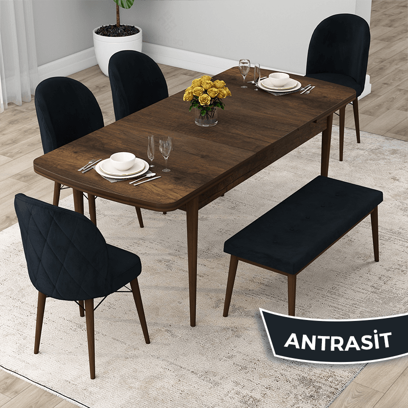 Rut Serisi 80x132 Açılabilir Barok Ahşap Desen Masa Takımı 4 Sandalye Ve 1 Bench