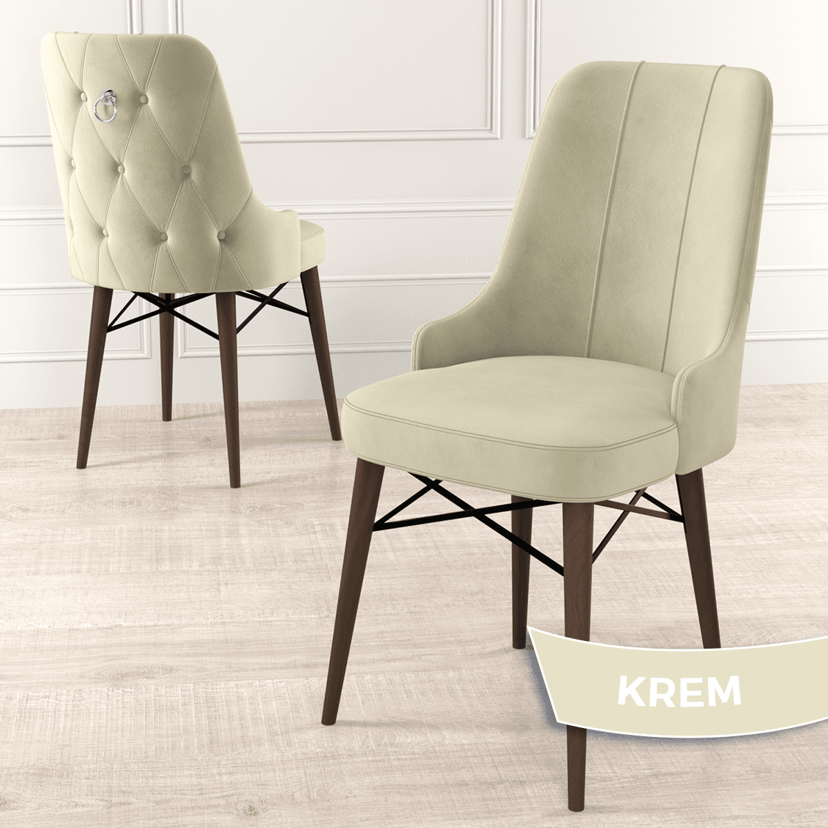 Are Serisi 80x132 Mdf Açılabilir Gümüş Halka Beyaz Masa Ceviz Ayak Masa Takımı Ve 6 Sandalye