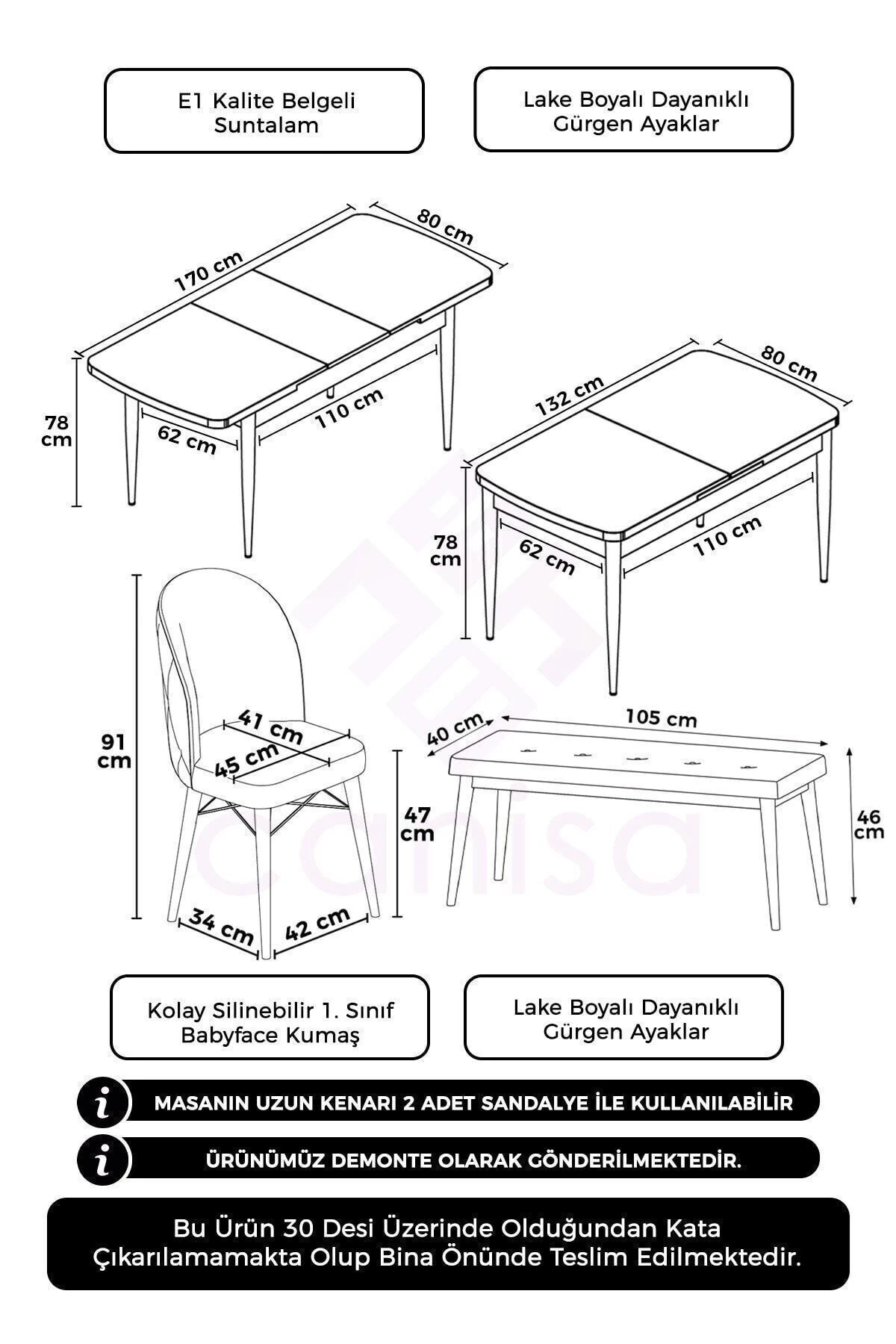 Rut Serisi 80x132 Açılabilir Beyaz Mermer Desen Masa Takımı 4 Sandalye Ve 1 Bench