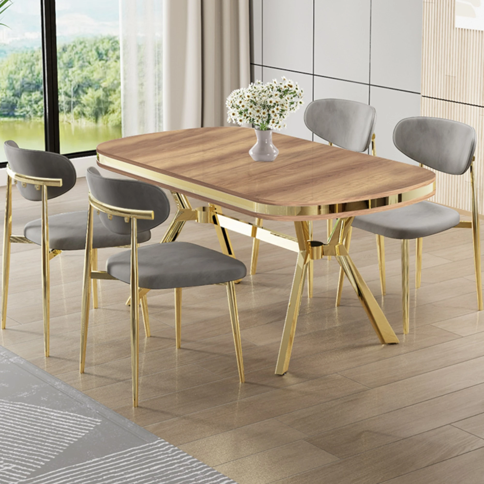 Hazar Masa Gri Sandalye Ayaklar Gold.