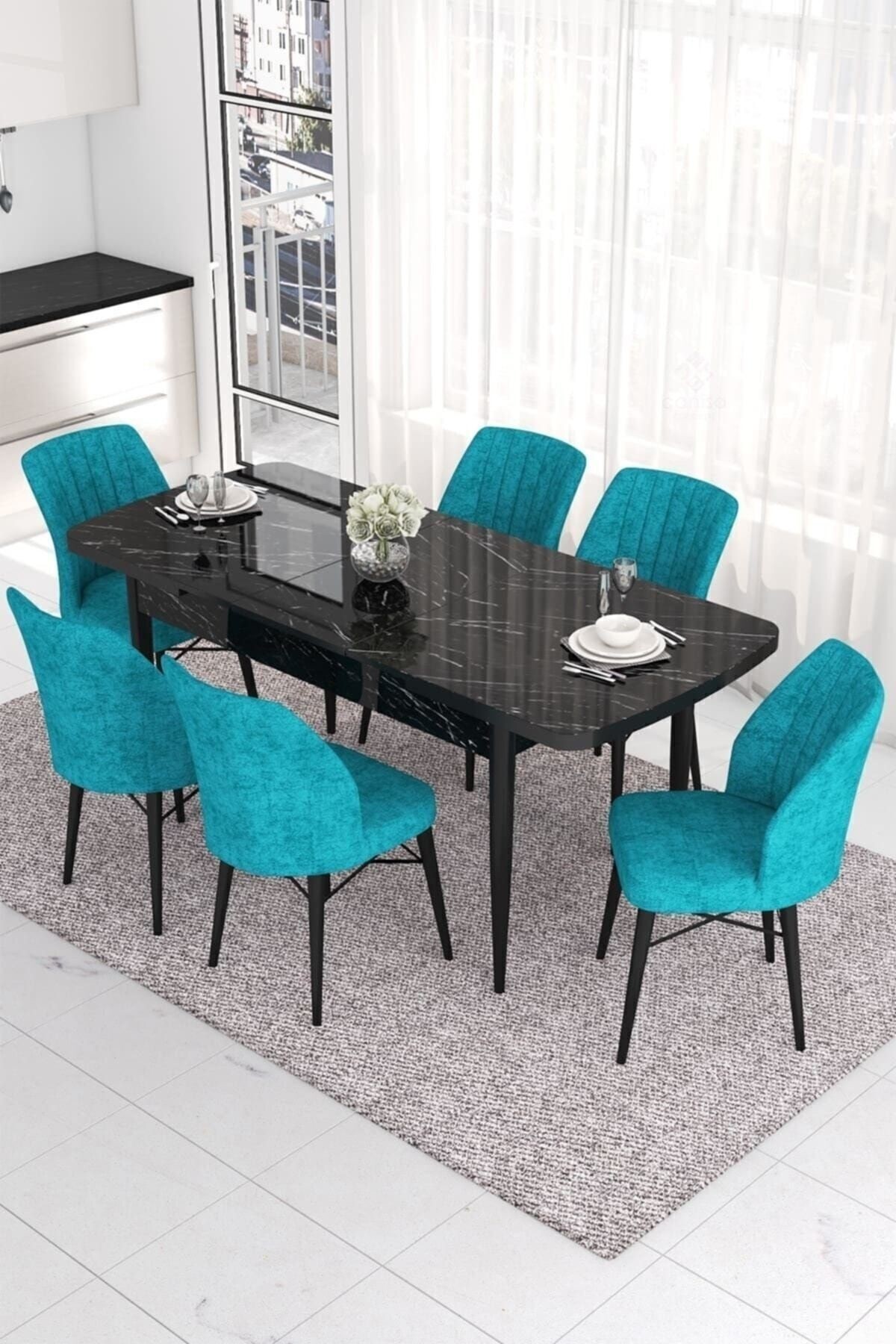 Eva Serisi 80x132 Açılabilir Mdf Siyah Mermer Desen Masa Takımı Ve 6 Sandalye