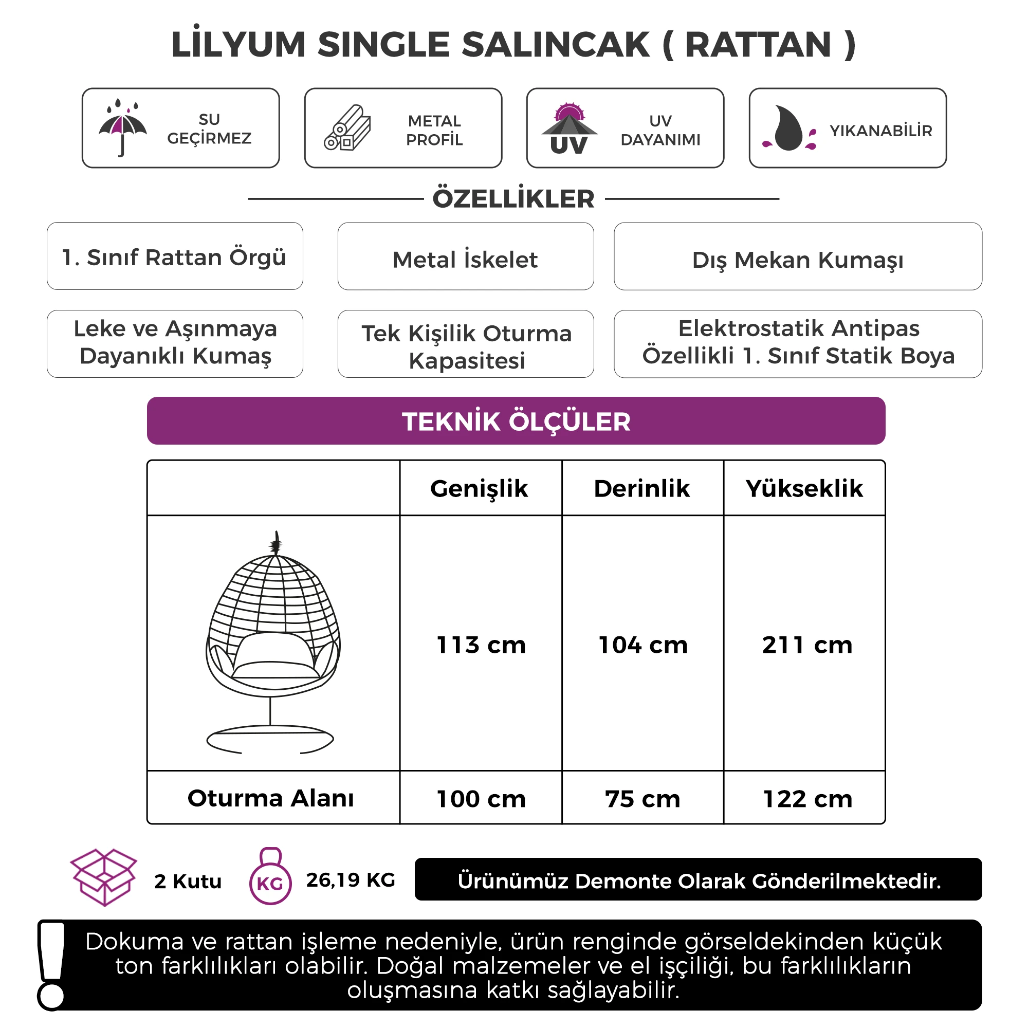 Lilyum Serisi Tekli Beyaz Rattan Örgü Antrasit Minder Salıncak