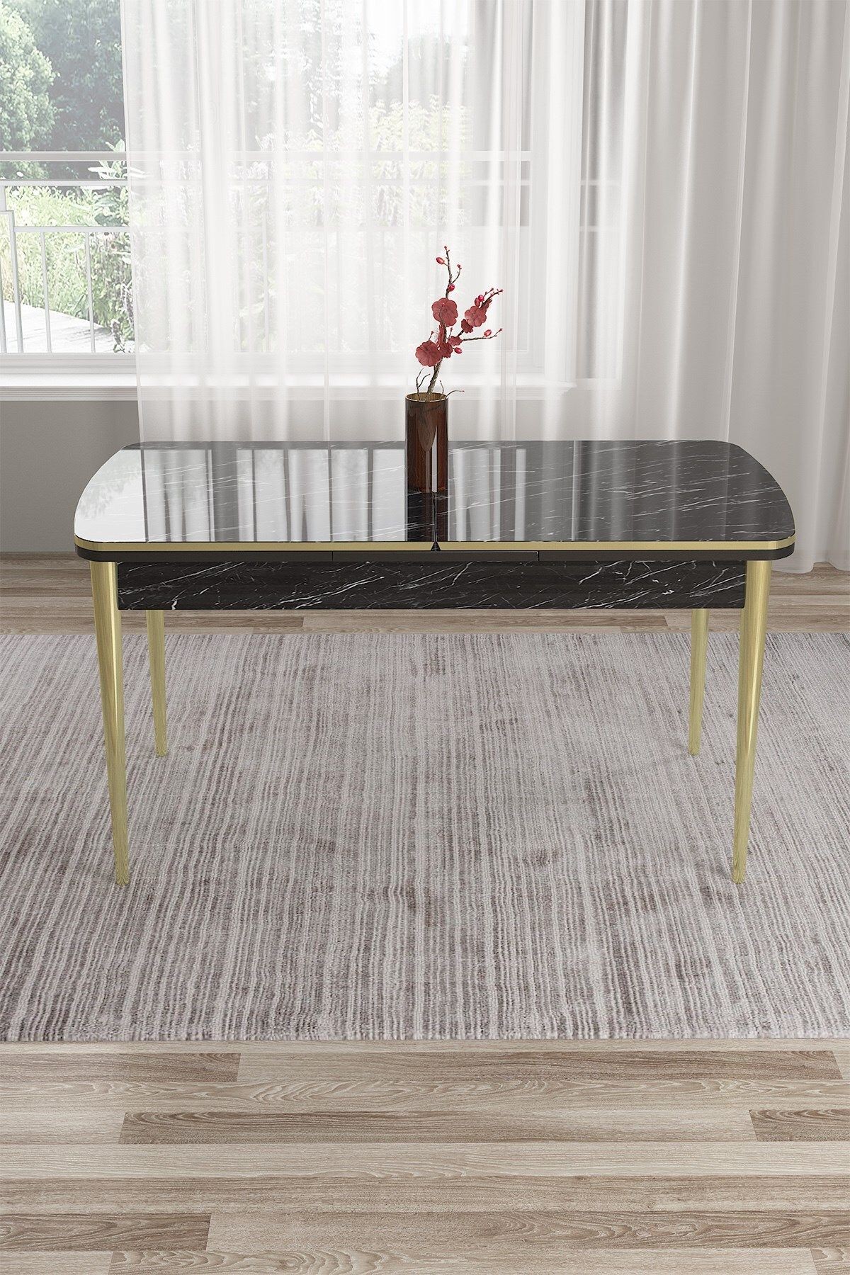 Siyah Mermer Desen 80x132 Açılabilir Yemek Masası Gold Metal Ayak