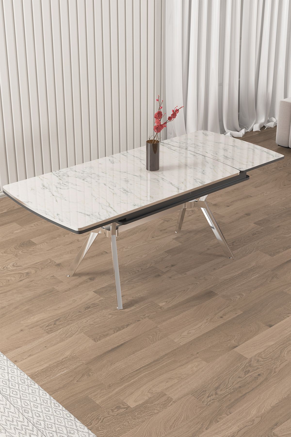 Beyaz Mermer Desen 89x150 Açılabilir Lak Panel Yemek Masası Krom Ayak
