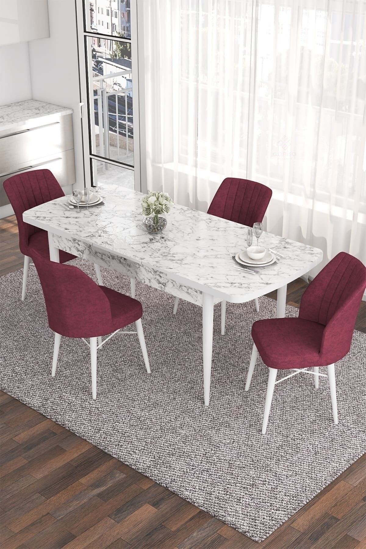 Eva Serisi 80x132 Açılabilir Mdf Beyaz Mermer Desen Masa Takımı Ve 4 Sandalye