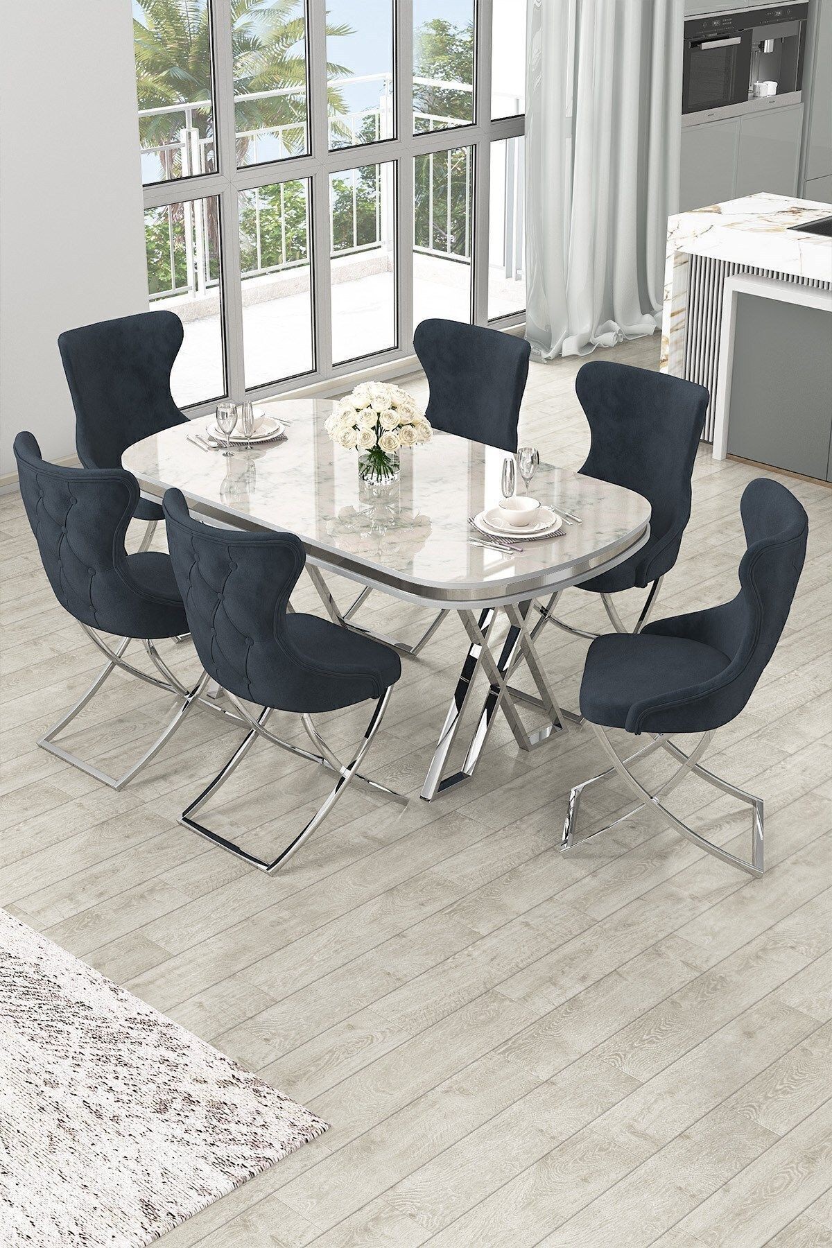 İra Serisi 90x168 Lak Panel Beyaz Mermer Desen Masa ve 6 Sandalye Krom Kaplama Ayak