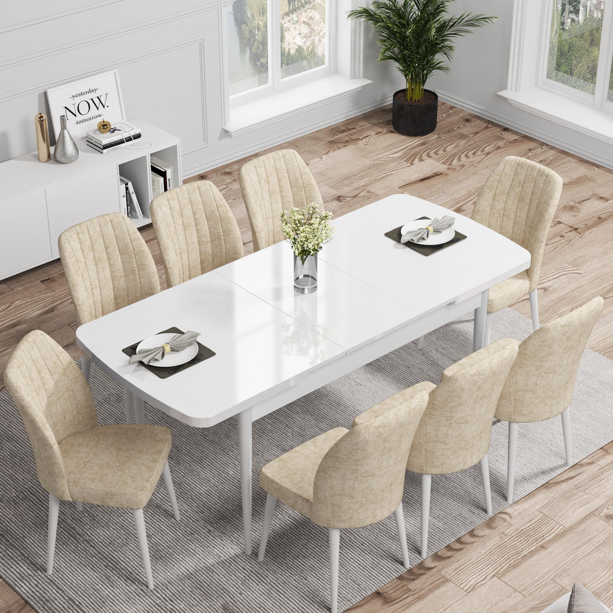 Rio Serisi 80x132 Mdf Açılabilir Beyaz Masa Takımı Ve 8 Sandalye