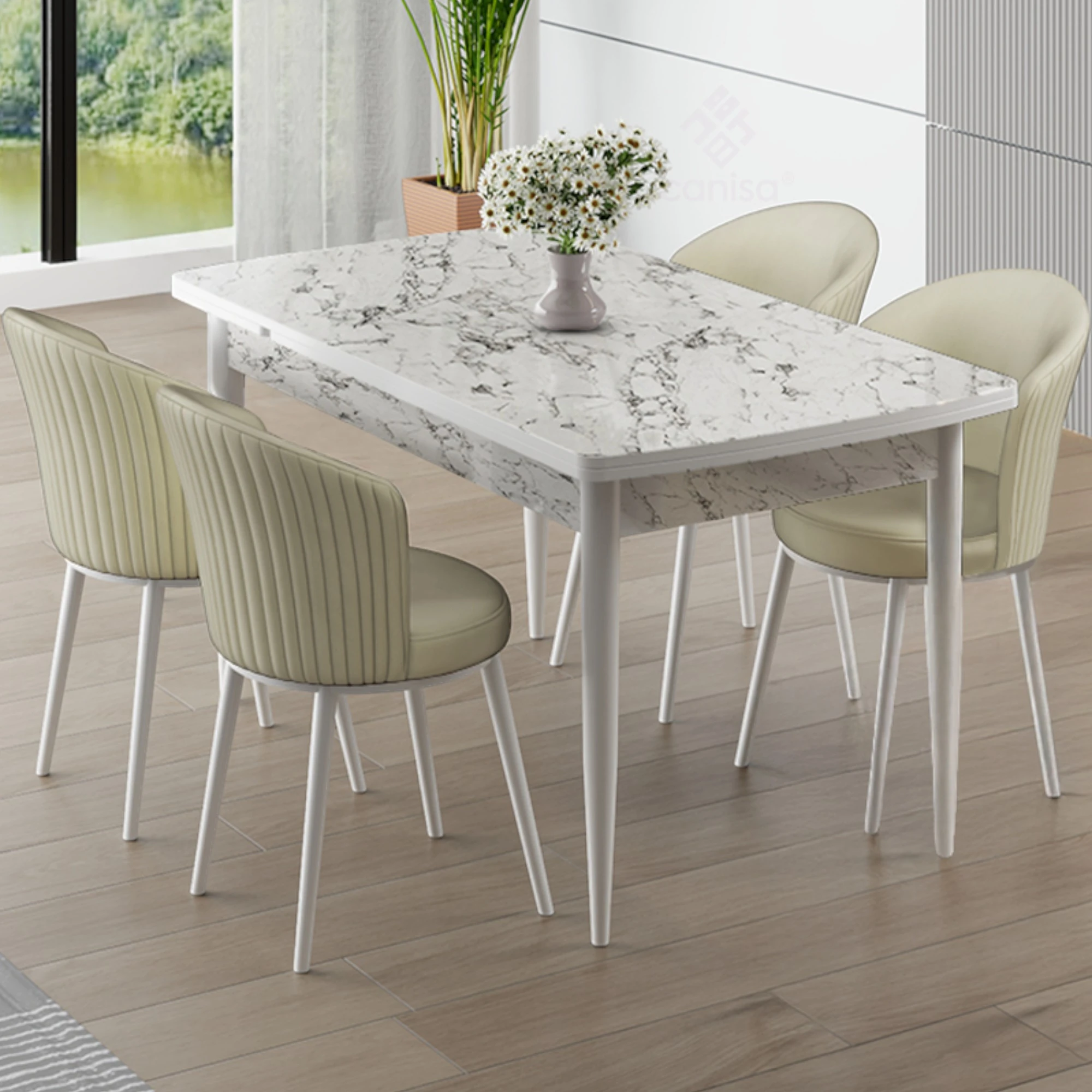 Beyaz Mermer Desen Masa Krem Sandalye