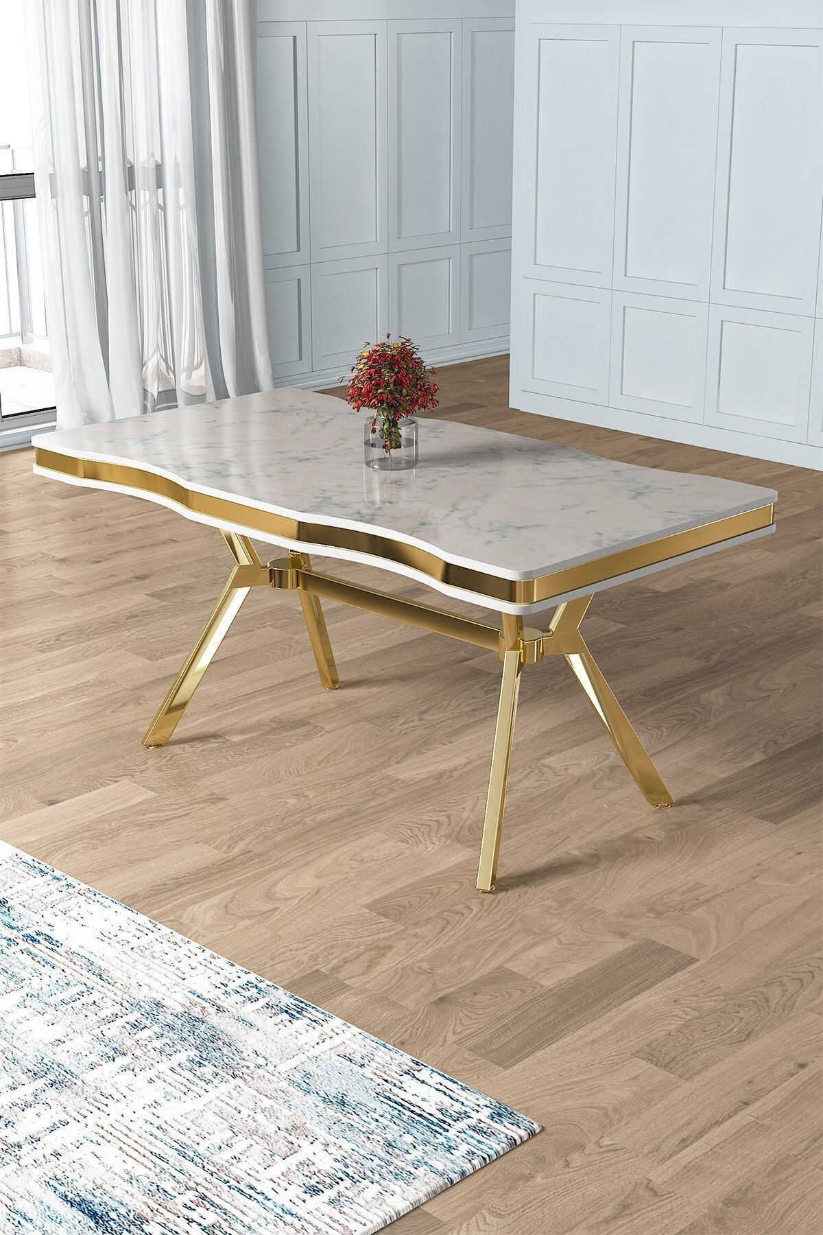 Pem Serisi 90x160 Lak Panel Beyaz Mermer Desen Gold Ayak Masa Takımı 6 Siyah Sandalye