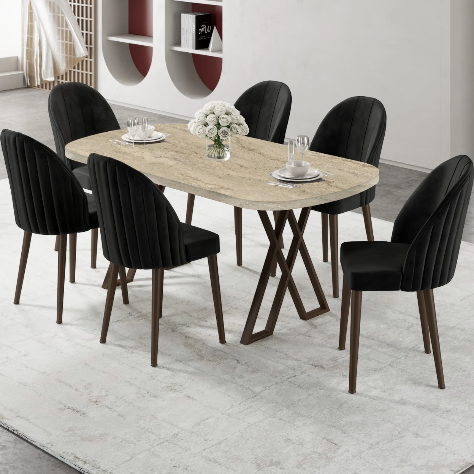 Traverten masa Siyah Sandalye