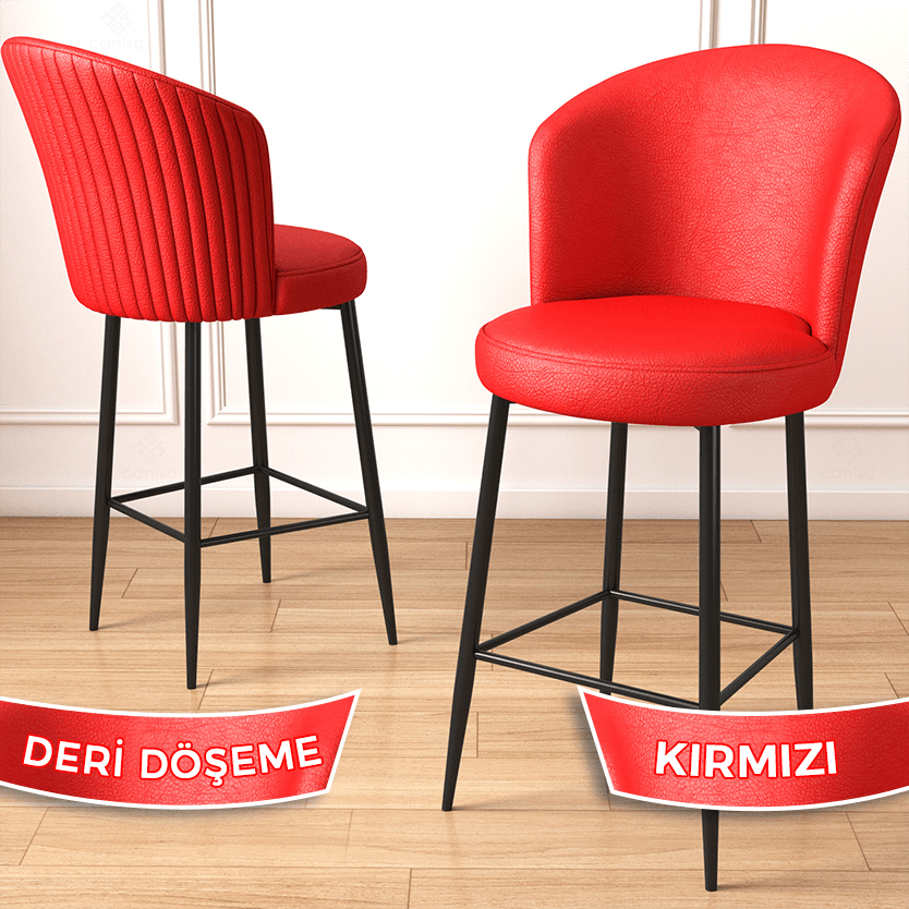 Uras Serisi 6 Adet Ada Bar Sandalyesi Suni Deri Kumaş Siyah Ayak