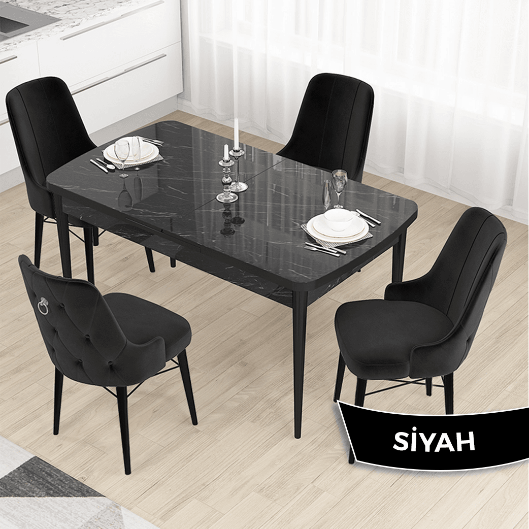 Siyah Sandalye Siyah Mermer Desen Masa