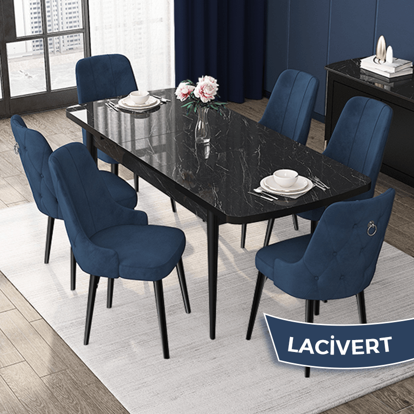 Lacivert Sandalye Siyah Mermer Desen Masa