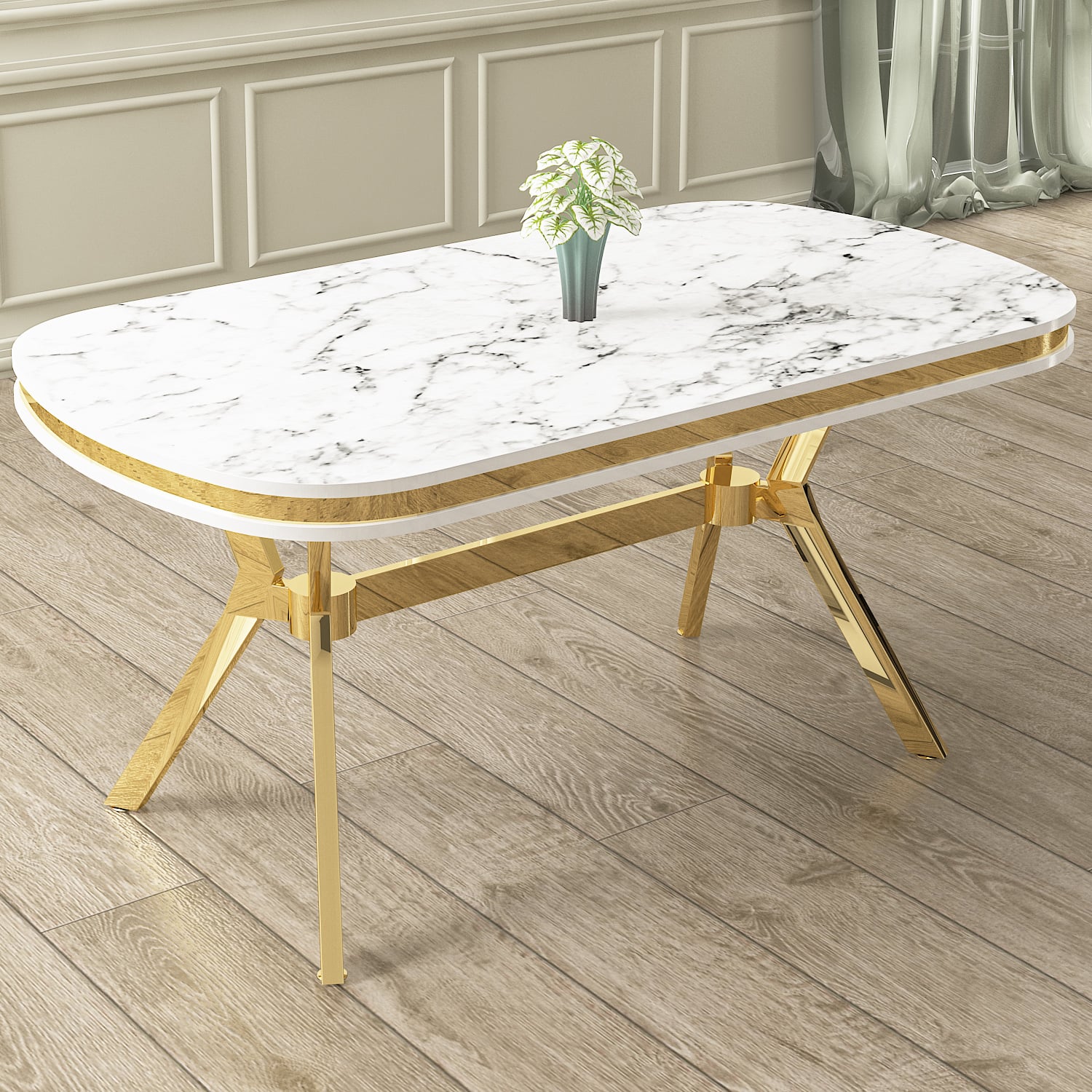 Epal Serisi 90x168 Lak Panel Beyaz Mermer Desen Masa ve 6 Sandalye Gold Kaplama Ayak