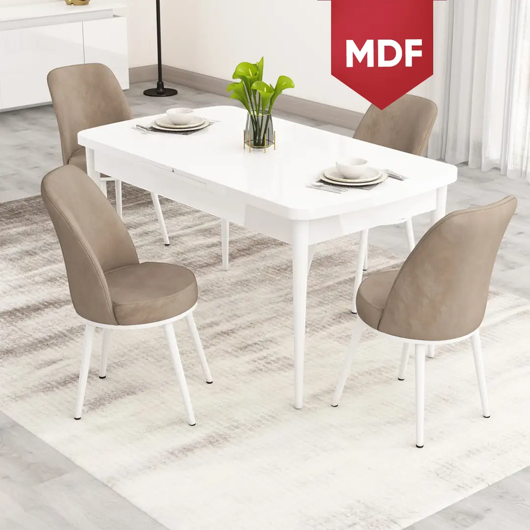 Nix Serisi 70x114 Açılabilir MDF Beyaz Mutfak Masası Takımı ve 4